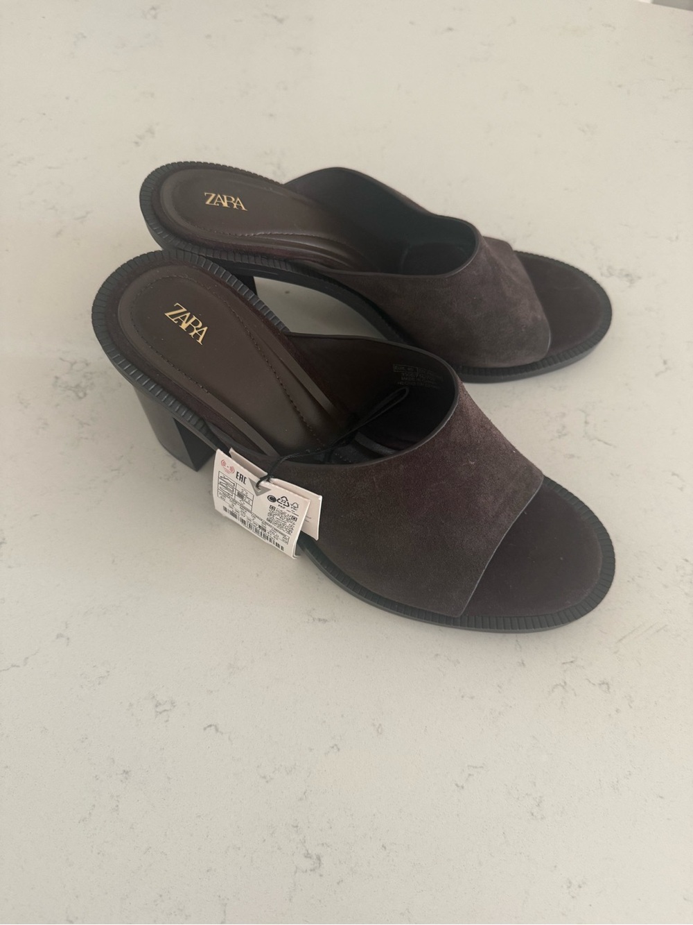 Zara Dark Brown Suede Open-Toe Block Heel Mules
